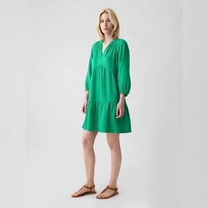 GAP Crinkle Gauze Tiered Green Mini 3/4 Sleeve Dress Size:XL 100-% Cotton